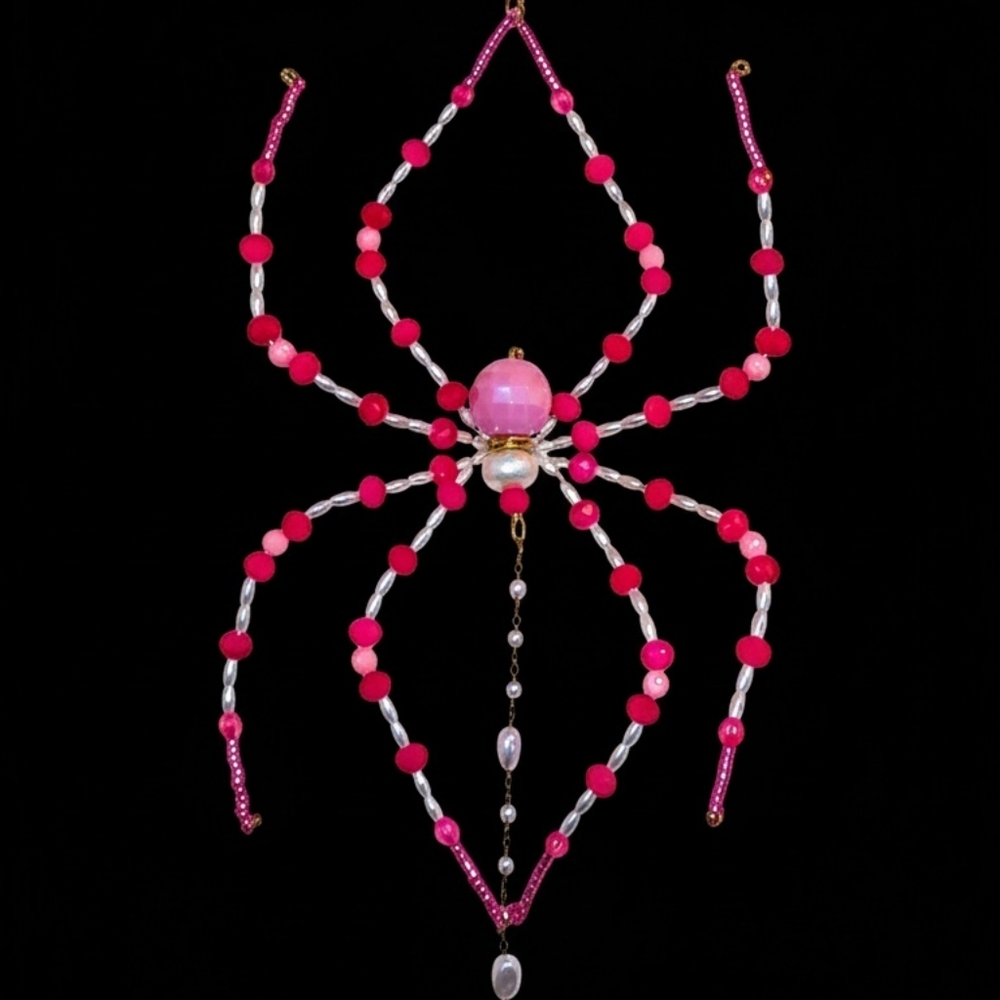 Elegant Pink and Silver Beaded Spider Pendant